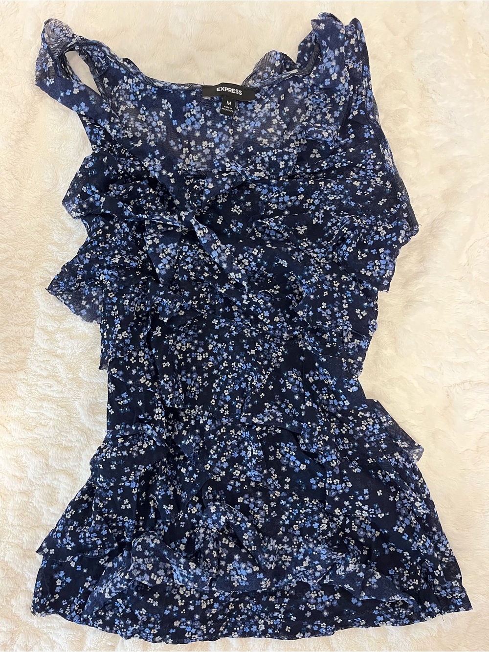 Express Navy Blue Floral Ruffle Tank Top